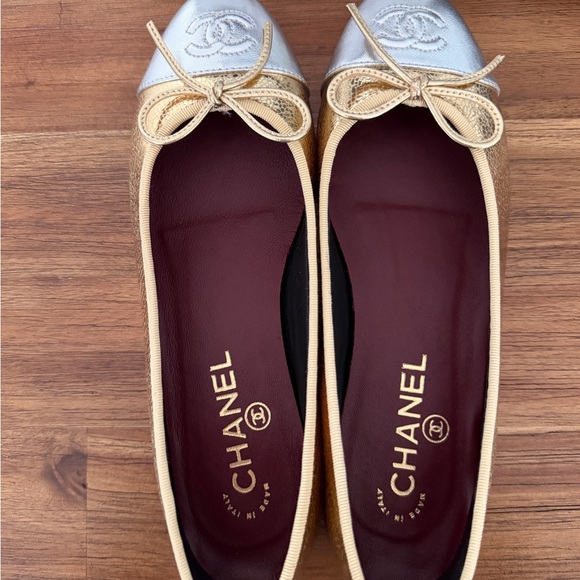 CHANEL Shoes - CHANEL Gold and Silver Cap-Toe Ballet Flats